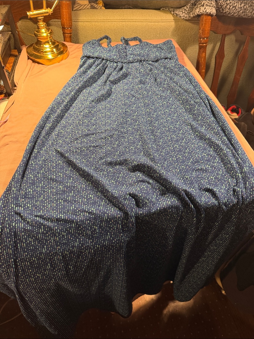 Soybu Navy Blue Maxi Dress with Tiny Mint Dot Print